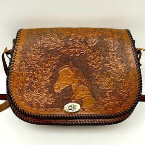 VINTAGE TOOLED LEATHER PURSE, HANED LACED EMBOSSED WITH HORSES AND LEAVES